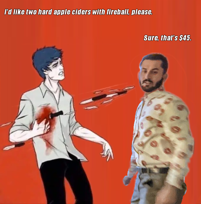 The meme is a humorous image featuring a character from the TV show "Rick and Morty" (Rick) and a character from the TV show "The Good Place" (Tyrannus). The image depicts Rick holding a knife to Tyrannus's throat, with a caption that reads "I'd like two hard apple ciders with a side of...". The text is then interrupted by a character's response "I'd like two hard apple ciders with a side of...".